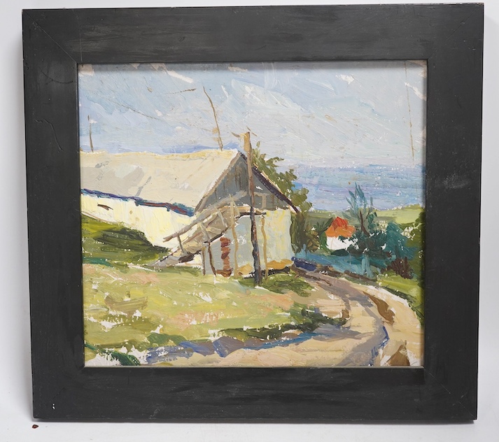 Ukrainian school, two oils on board, Rural landscapes, details verso, including ‘Basiel Mazur (Vasiliy Fyodorovich)’, largest 22.5 x 25cm. Condition - good